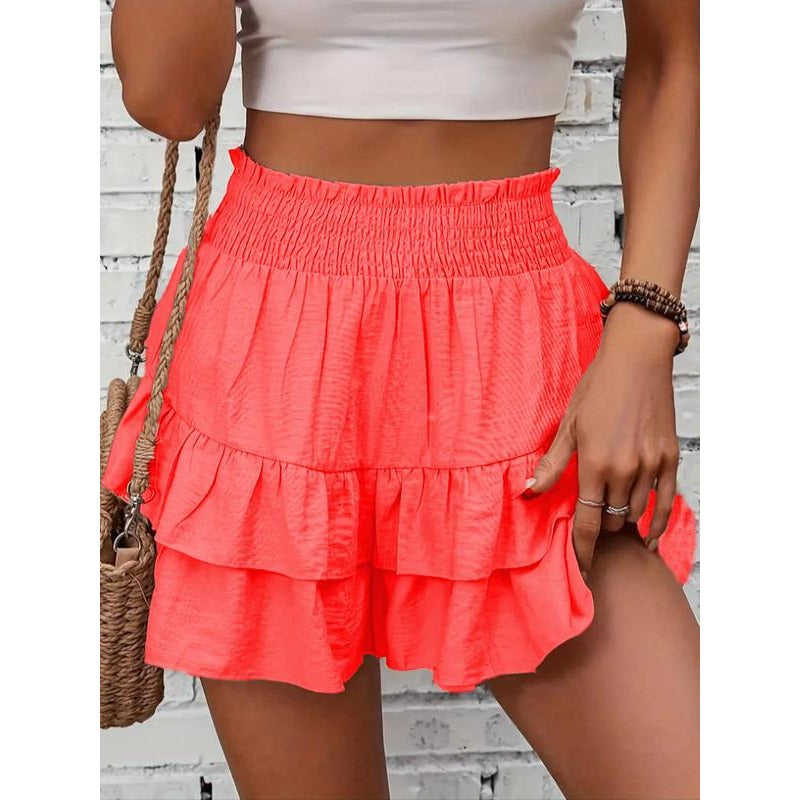 High-Waist Ruffle Smocked Shorts – Lightweight Double-Layer Lounge Bottoms