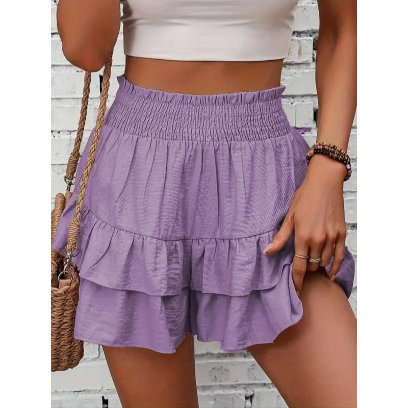 High-Waist Ruffle Smocked Shorts – Lightweight Double-Layer Lounge Bottoms