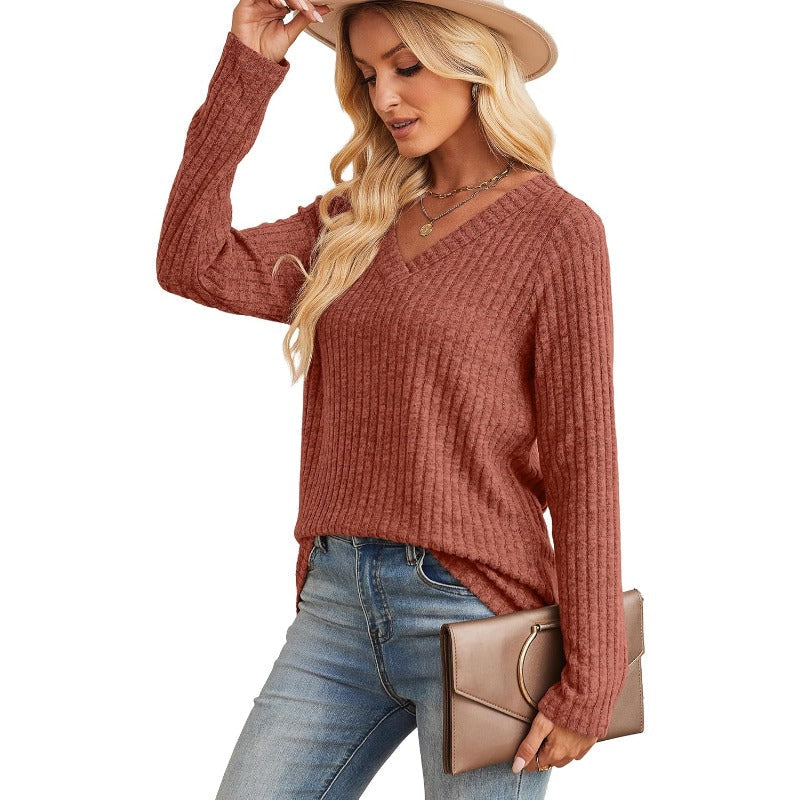 Ribbed V-Neck Knit Top