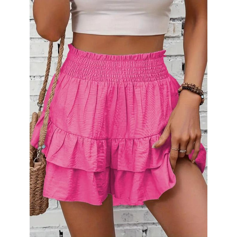 High-Waist Ruffle Smocked Shorts – Lightweight Double-Layer Lounge Bottoms