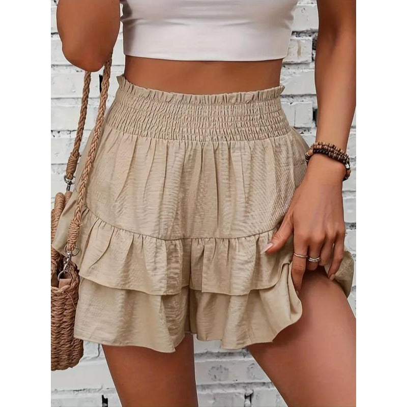 High-Waist Ruffle Smocked Shorts – Lightweight Double-Layer Lounge Bottoms