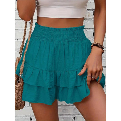 High-Waist Ruffle Smocked Shorts – Lightweight Double-Layer Lounge Bottoms