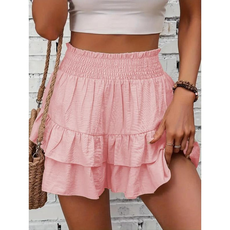 High-Waist Ruffle Smocked Shorts – Lightweight Double-Layer Lounge Bottoms